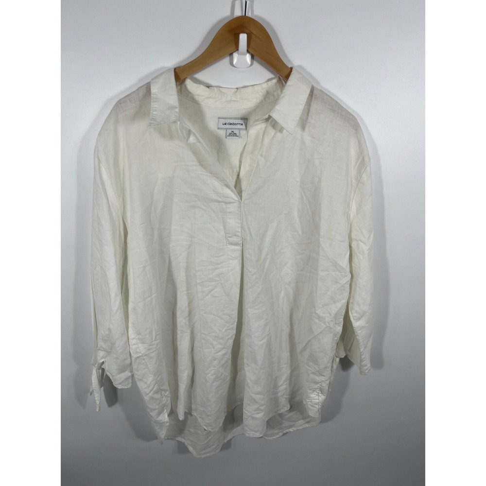 VTG Liz Claiborne Womens Linen Blend Pop Over Top XL White Resort Euro Summer